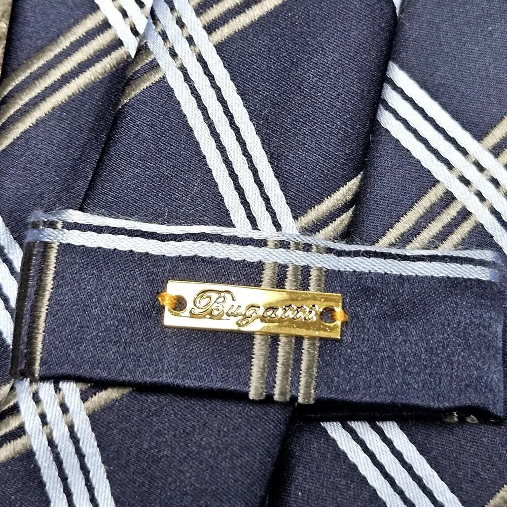 Bugatti Neck Tie Blue Diamond Plaid‎ Pattern 100% Silk Navy White Band Stripes